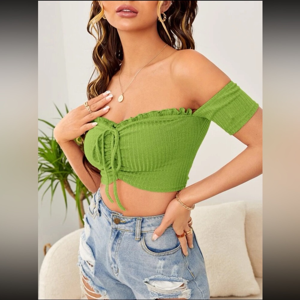 SHEIN Off Shoulder Green Tie Front Crop Top